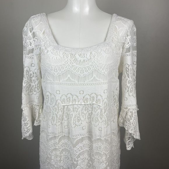 FREE PEOPLE Medium TEA LACE DRESS IVORY LACEY chic Peasant  distressed mini - Picture 2 of 12